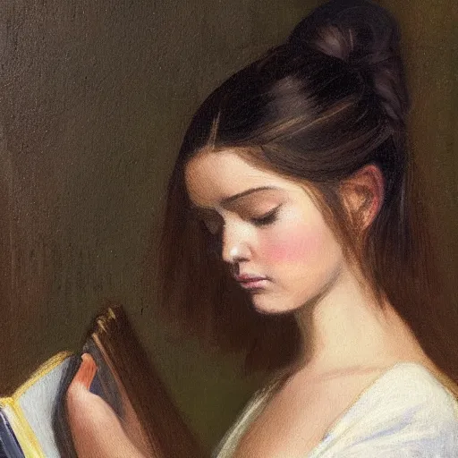 Image similar to a girl reading a book, her hair flowing down, subtle, intricate details, real masterpiece, oil on canvas, by john smith