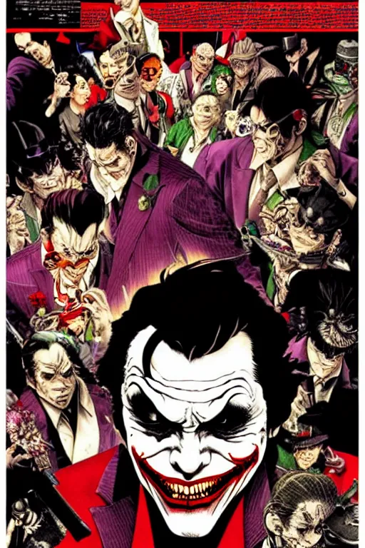 Image similar to poster of joker as a yakuza gangster, by yoichi hatakenaka, masamune shirow, josan gonzales and dan mumford, ayami kojima, takato yamamoto, barclay shaw, karol bak, yukito kishiro, highly detailed