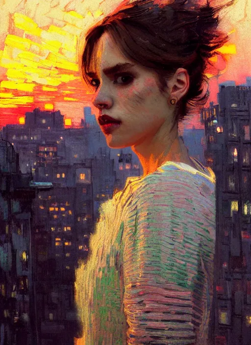 Image similar to portrait of a beautiful girl, new york backdrop, sad, sunset shades, beautiful face, rule of thirds, intricate outfit, spotlight, by greg rutkowski, by jeremy mann, by francoise nielly, by van gogh, digital painting