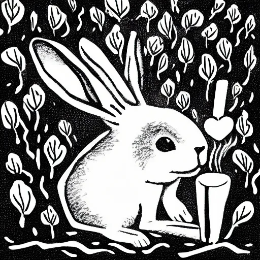 Image similar to black - and - white line art illustration of a rabbit smoking a cigarette, with smoke rising from the cigarette, background is a tangled forest, whimsical masterpiece by ernest shepard