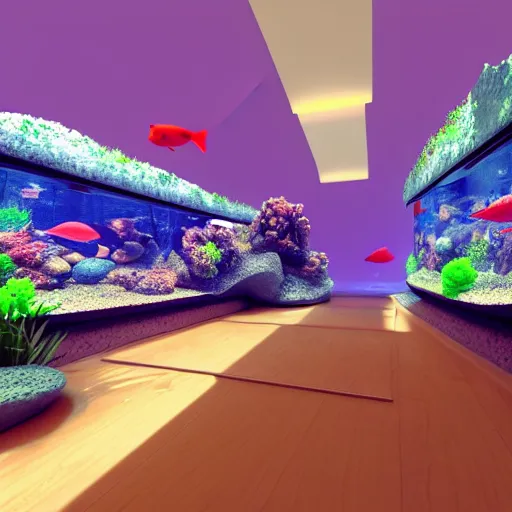 Image similar to realistic designed photo of the big modern room as aquarium with a beautiful fishes and corals, realistic colors, realistic shadows, daylight made by blender and cinema 4 d, 3 d