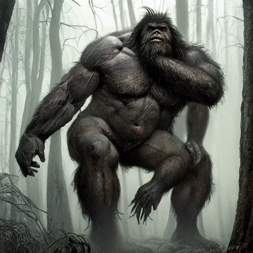 Image similar to Dark fantasy Painting of a huge muscular hairy bigfoot creature lurking in the misty forest, gloomy, full body, disgusting, creepy, unsettling, horror, intricate, wild, highly detailed, digital painting, artstation, concept art, smooth, sharp focus, illustration, art by artgerm and greg rutkowski and alphonse mucha