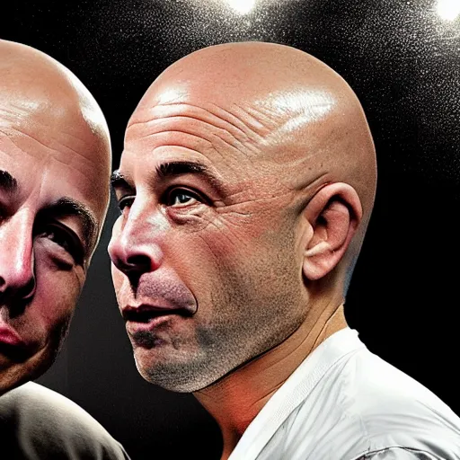 Prompt: Elon Musk and Joe Rogan fighting UFC match, photorealistic