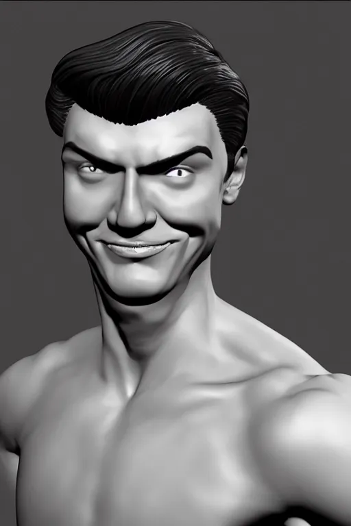 Prompt: upper body 3 d model of a handsome young man with a sinister smile by brian bolland, rachel birkett, alex ross, and neal adams | portrait, character concept, concept art, unreal engine, finalrender, centered, deviantart, artgerm