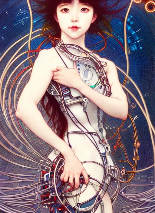 Prompt: hashimoto kanna as a absurdly beautiful cyborg, graceful, sophisticated, complex wiring and circuits, tarot card, highly detailed, digital painting, sharp focus, ultra realistic, 8 k, art by artgerm, alphonse mucha,