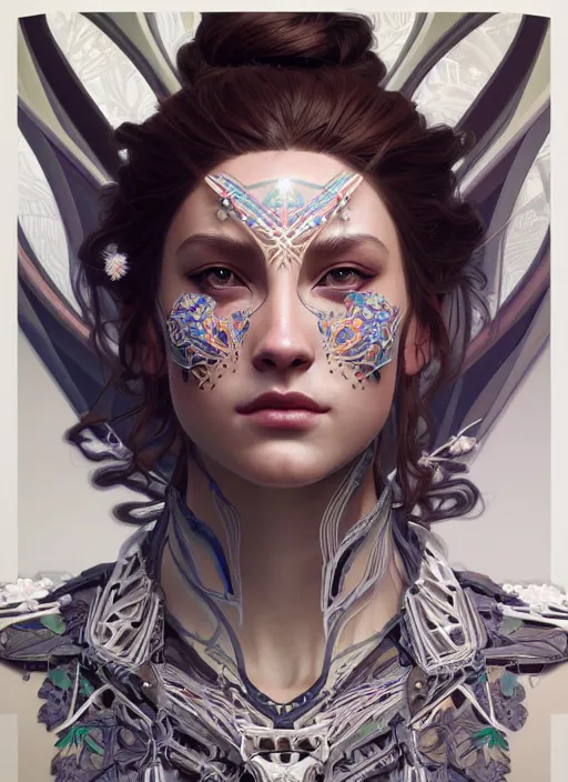 Image similar to symmetry!! portrait of floral! horizon zero dawn machine, intricate, elegant, highly detailed, digital painting, artstation, concept art, smooth, sharp focus, illustration, art by artgerm and greg rutkowski and alphonse mucha, 8 k