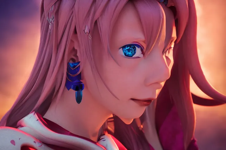 Image similar to character Lina Inverse from anime Slayers (1995 – 2009), rendered in Cinema 4D and Octane and Unreal Engine 5, hyperrealism, full body photogenic shot, digital render, cinematic lighting ornate earrings, 8k resolution, masterpiece work