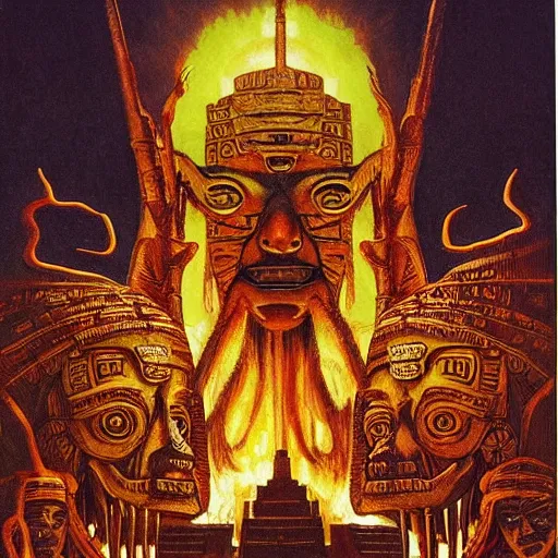 Image similar to giant mayan joe biden!!!!!!!!!!!!!!!!!!!!!!!! with flaming eyes standing over city, perfectly clear face, by j. c. leyendecker and beksinski