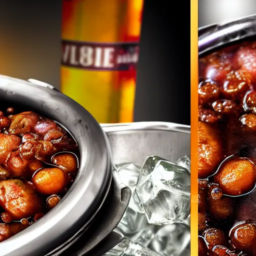 Prompt: photo realistic, close up, pot of cholent next to a bottle of ice cold vodka.