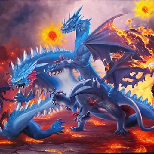 Image similar to pokemon fight a dragon. oil painting. large scale. highly detailed.