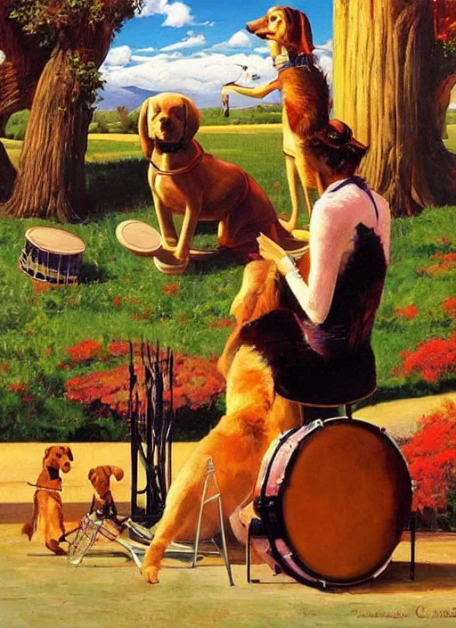 Prompt: dog playing drums, looking at a girl, large scale painting by robert mccall and vladimir kush