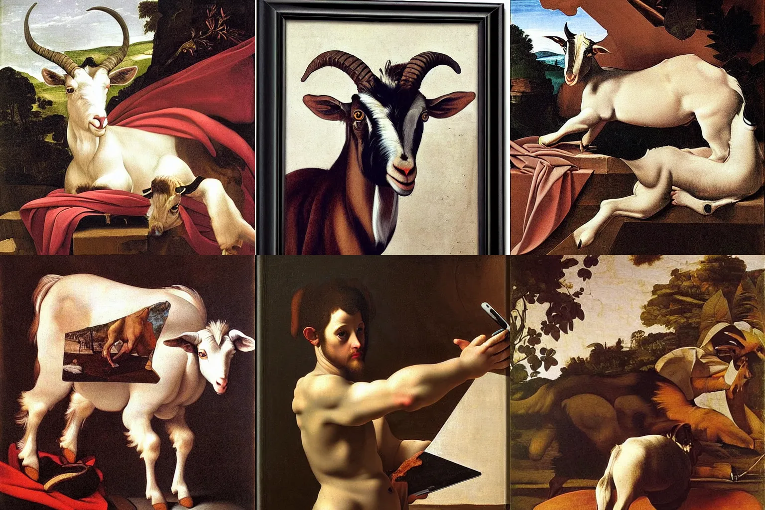 Image similar to A extremely highly detailed majestic hi-res beautiful, highly detailed painting of a goat taking a picture with an Ipad by Michelangelo Merisi da Caravaggio,