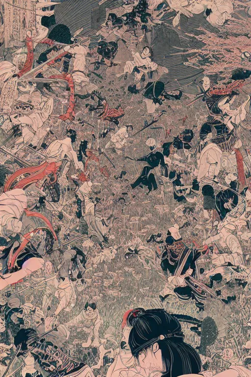 Image similar to hyper detailed illustration of a samurai battle by james jean, yoshitaka amano and victo ngai