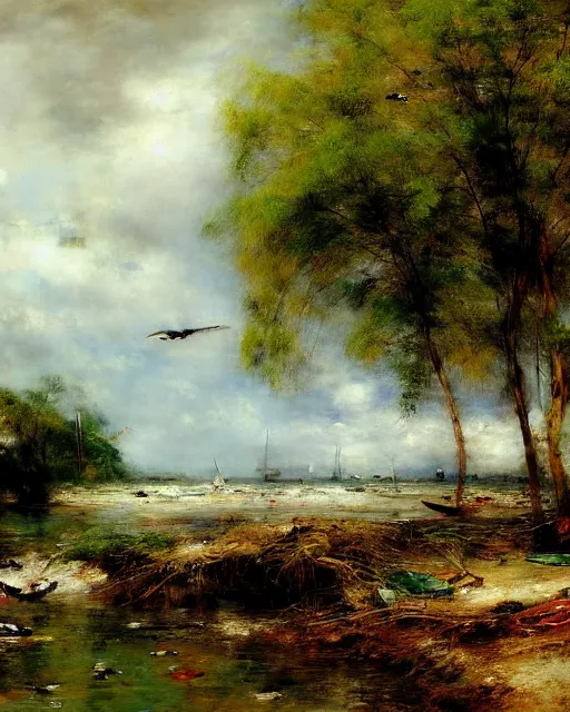 Image similar to reclaimed by nature by eugene boudin, wallpaper, highly detailed, trending on artstation.