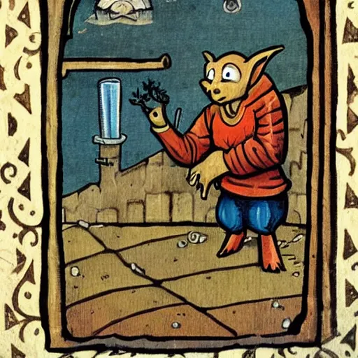 Image similar to a goblin talking to a fish in a medieval castle, book cover