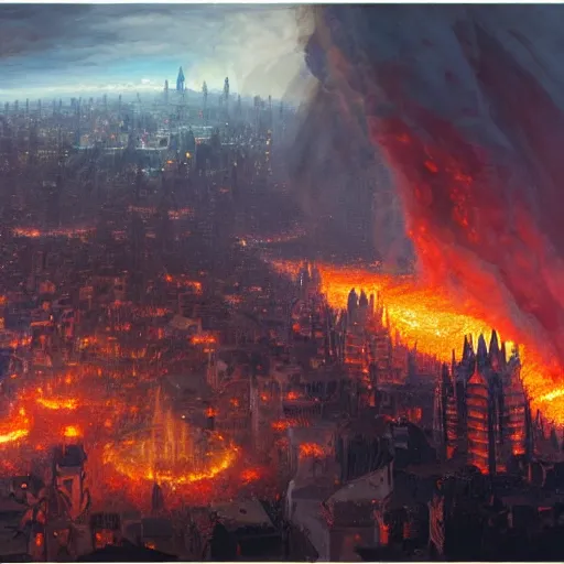 Image similar to A hyper detailed painting of a medieval city being bombarded with flaming rocks, a blue fire tornado in the centre of it destroying the city, dark fantasy, by Greg Rutkowski, trending on artstation