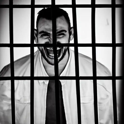 Prompt: gigachad behind bars in jail, laughing, photo by Paul Barson, cubism, dark, high contrast, high exposure photo