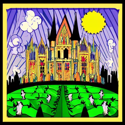 Image similar to beautiful gothic castle landscape in the style of Pop art