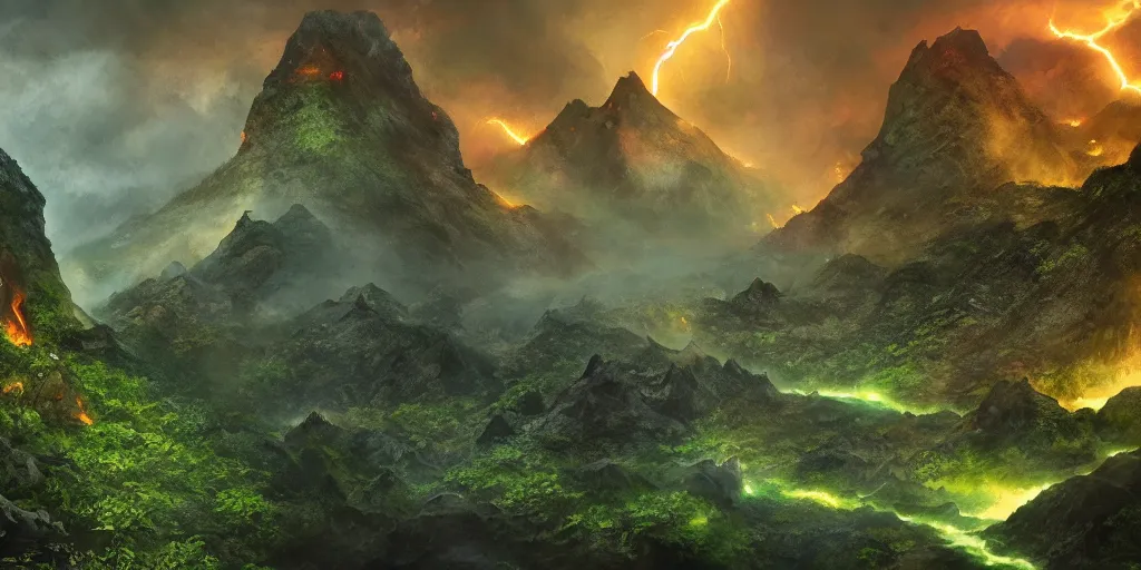 Prompt: boundary of two lands, green wild jungle vs dark mountain with lava, magic and lightning, epic, fantasy, D&D, intricate, upper body, highly detailed, sharp focus, cinematic lighting