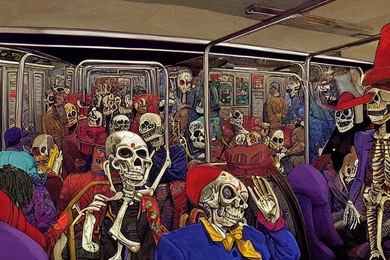 Image similar to scene from interior of a subway car, lunch, day of all the dead, skeletons, artwork by jean giraud