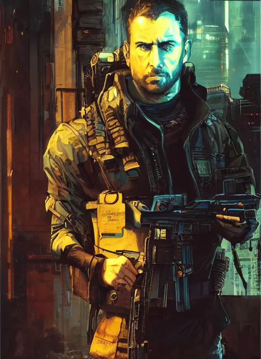 Prompt: cyberpunk military character jitters ( blade runner 2 0 4 9, dystopian, cyberpunk 2 0 7 7 character design ), modern warfare, attractive face. portrait by james gurney and laurie greasley and yoji shinkawa, oil on canvas. cinematic composition, hyper realism, realistic proportions, anatomy, dramatic lighting, photorealistic, high detail, 4 k