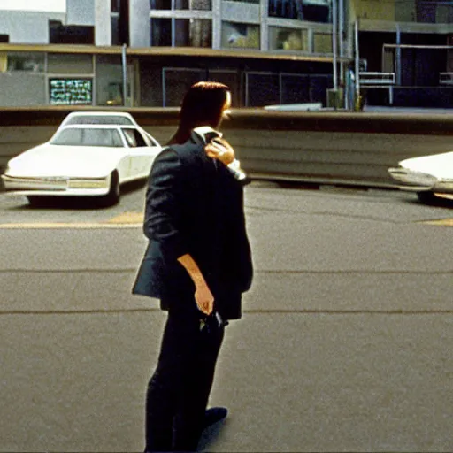 Image similar to beautiful hyperrealism three point perspective film still of Keanu Reeves as neo aiming two uzi at agent smith in a nice oceanfront promenade motorcycle chase scene in Matrix meets ronin(1990) extreme closeup portrait in style of 1990s frontiers in translucent porclein miniature street photography seinen manga fashion edition, miniature porcelain model, focus on face, eye contact, tilt shift style scene background, soft lighting, Kodak Portra 400, cinematic style, telephoto by Emmanuel Lubezki