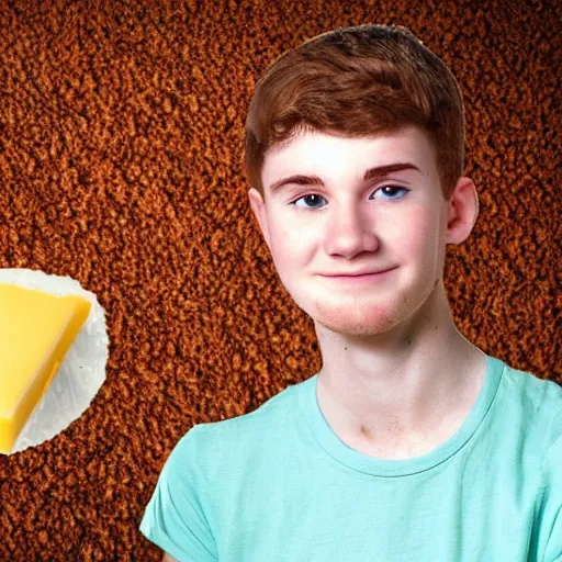 Image similar to photo of a young man with auburn hair, freckles, green eyes, and a kentucky fried chicken employee shirt, holding a piece of cheese shaped like kentucky