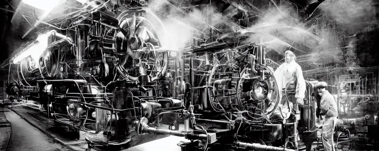 Image similar to james watt inventing the spaghetti steam engine, canon 5 0 mm, cinematic lighting, photography, retro, black and white film, kodachrome