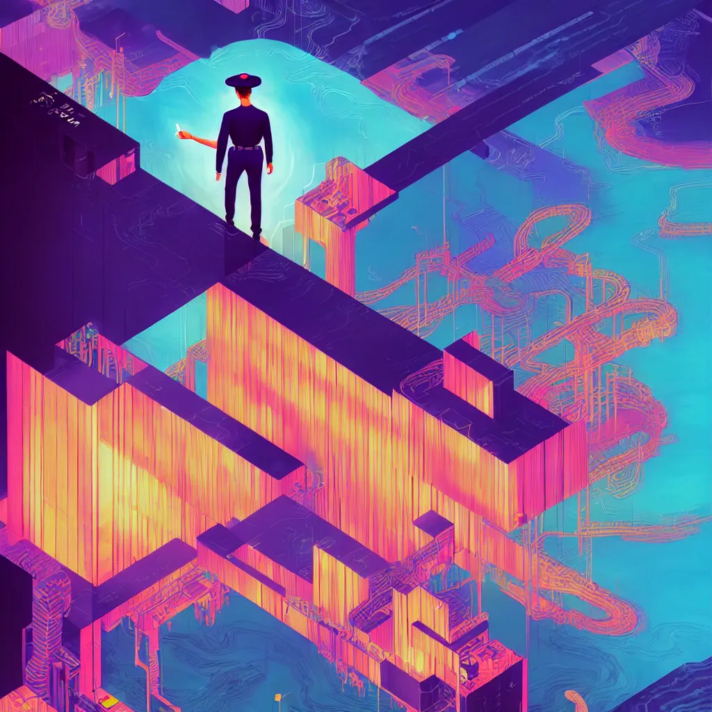 Image similar to illustration of a data-center architecture or schema, security agent with black hat, datastream or river, painting by Jules Julien, Leslie David and Lisa Frank and Peter Mohrbacher and Alena Aenami and Dave LaChapelle muted colors with minimalism