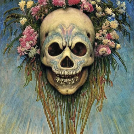 Prompt: masterpiece painting of a facemask made of flowers, by annie swynnerton and jean delville and tino rodriguez and diego rivera, flower shaman, spooky dark eldritch art, art brut, symbolist, dramatic lighting, god rays, elaborate geometric ornament, clean crisp graphics, soft cool colors, smooth sharp focus, extremely detailed, adolf wolfli