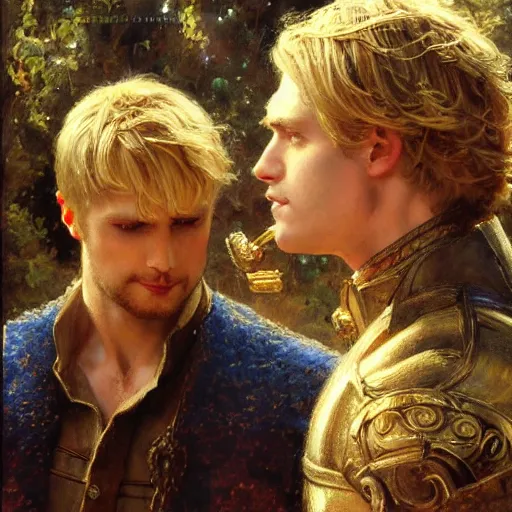 Image similar to attractive male, arthur pendragon who has blond hair confesses his love to attractive male, merlin who has dark hair. highly detailed painting by gaston bussiere, craig mullins, j. c. leyendecker 8 k