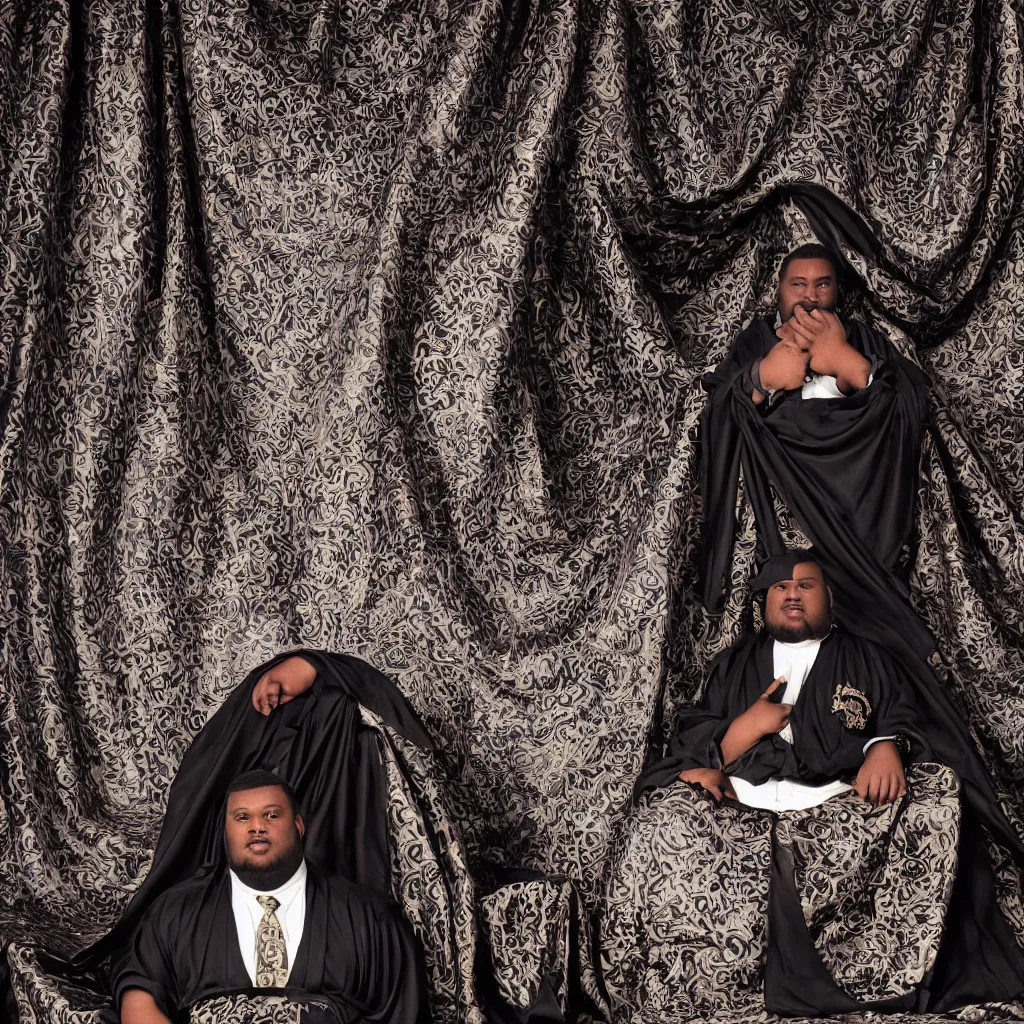 Image similar to Large black man sitting on throne wrapped in silk, background made of large folding curtains, dimly lit, dark, blacklight photography