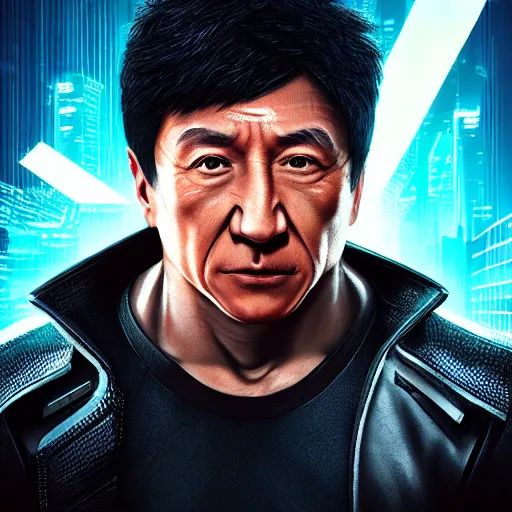 Image similar to jackie chan portrait, Cyberpunk 2077, cyberpsycho, photorealistic, ultra detailed, neon, octane, bokeh, cyber, cyberpunk city, feature, scars, cyberface, 8k