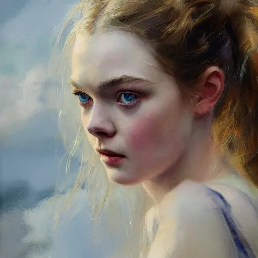 Image similar to professional painting of Elle Fanning in the style of Daniel F. Gerhartz, head and shoulders portrait, symmetrical facial features, smooth, sharp focus, illustration, intricate, stormy weather, extremely detailed masterpiece,