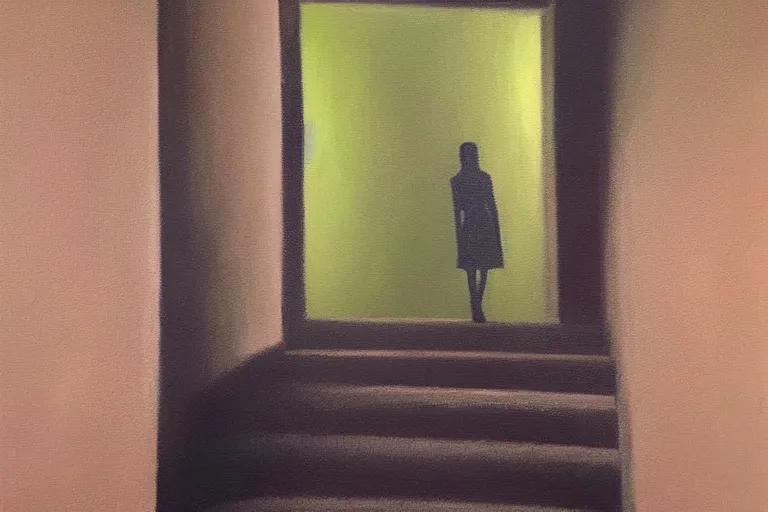 Prompt: A oil on canvas painting of a figure walking up the stairs into a mysterious room with a mysterious light, pastel colours, vibrant, happy, uplifting,