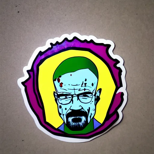 Image similar to die cut sticker, walter white wearing the joker outfit, splatter paint