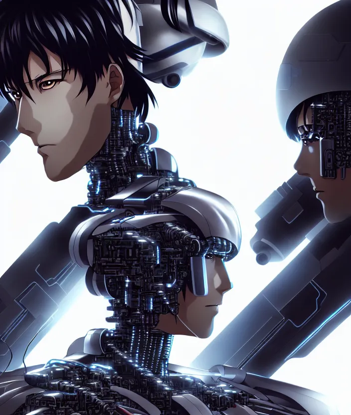 Image similar to a detailed manga illustration character full body portrait of a dark haired cyborg anime man, half of his face is cybernetic, trending on artstation, digital art, 4 k resolution, detailed, high quality, sharp focus, hq artwork, insane detail, concept art, character concept, character illustration, full body illustration, cinematic, dramatic lighting