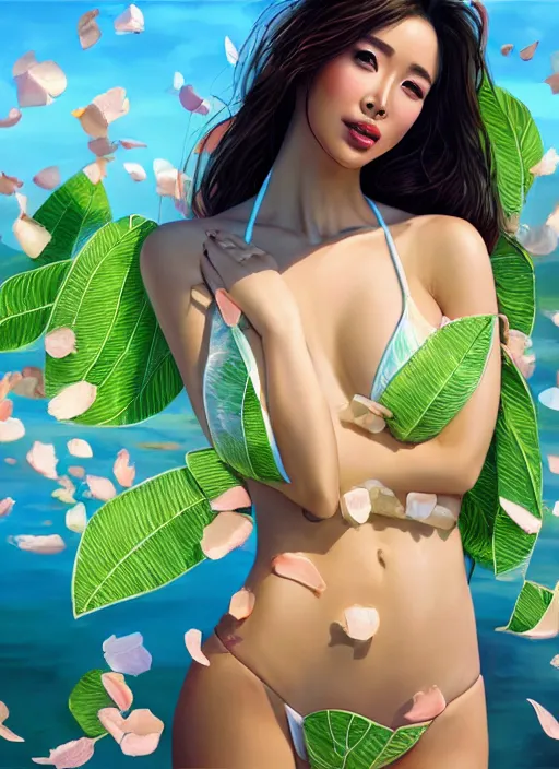 Image similar to gorgeous female in bikini, body shot, covered in translucent leaf and petals in the style of stefan kostic, cute - fine - face, li bingbing, backlit, refracted lighting, elegant, half body shot, 8 k, insanely detailed, intricate, art by stanley lau, artgerm, wlop, kuvshinov ilya,