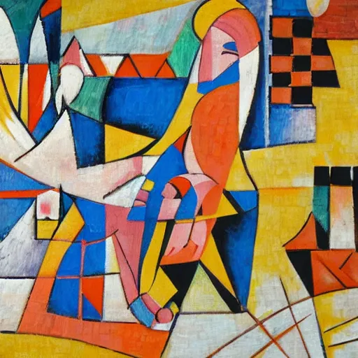 Image similar to the women sat by the seashore weaving the tapestry of life, abstract art in the style of cubism,