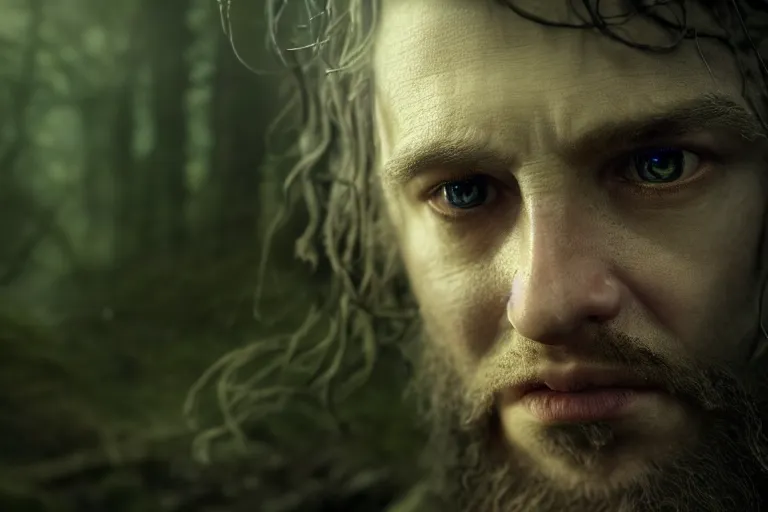 Image similar to an ultra realistic, cinematic, fantasy, portrait, of a sad man / ork, lord of the rings, soft light, facial features, stood in a forest, with victorian clothing, detailed, deep focus, movie still, dramatic lighting, ray tracing, by michal karcz and yoshitaka amano