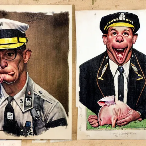 Prompt: hybrid of pig and nyc policeman, annoyed, ultra detailed, photo realistic, style of norman rockwell.