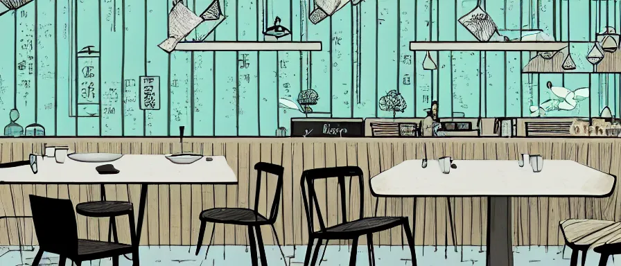 Image similar to a beautiful interior view illustration of a small roasted string hotpot restaurant of baota mountain in yan'an city, restaurant wall paper is tower and mountain, rectangle white porcelain table, black chair, animation illustrative style, from china, simple style structure decoration design, victo ngai, james jean, 4 k hd