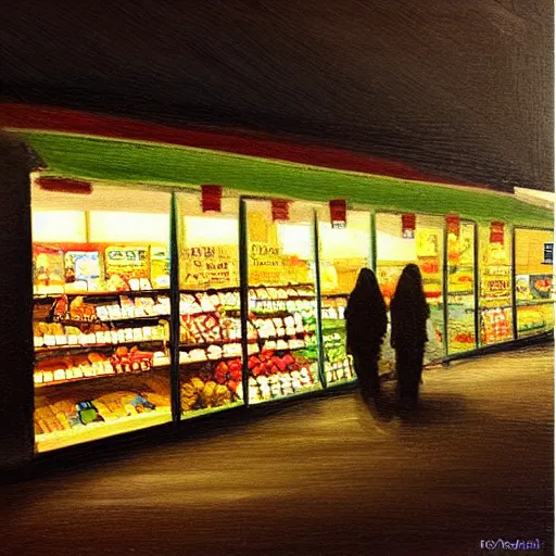 Image similar to “a grocery store at night panting”