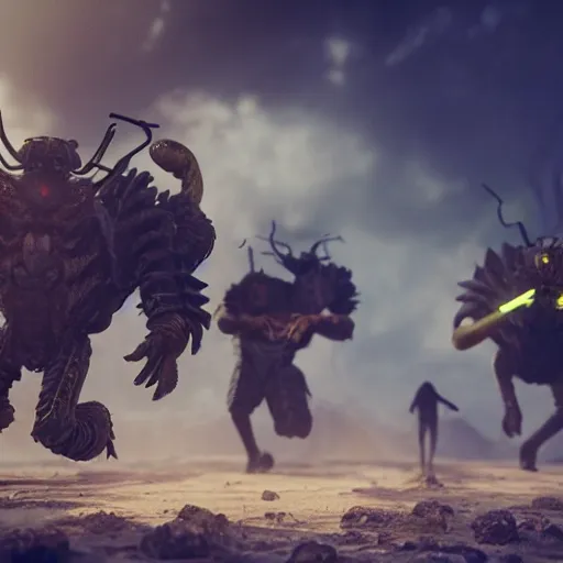 Image similar to highly detailed octane render of giant glowing insects chasing short fat men with giant beards who each hold a gun and wear armour. Depth of field