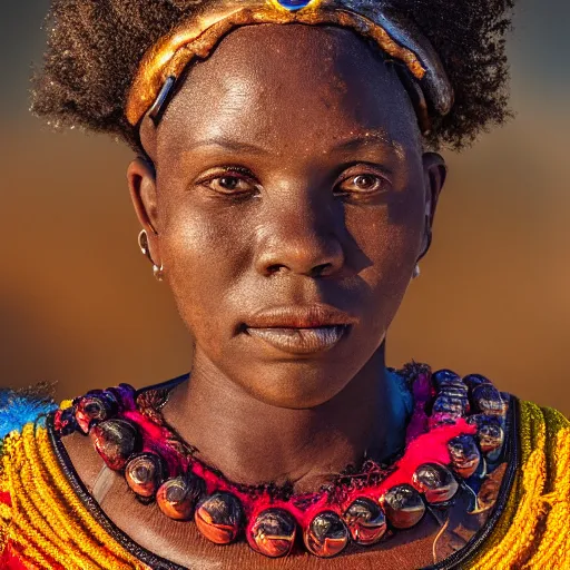 Image similar to a portait photo of Zulu princess, epic image, path tracing, complementary colours, high quality, 4k HDR, dramatic lighting, cinematic, highly detailed, high coherence, dedined face, anatomically correct, five fingers