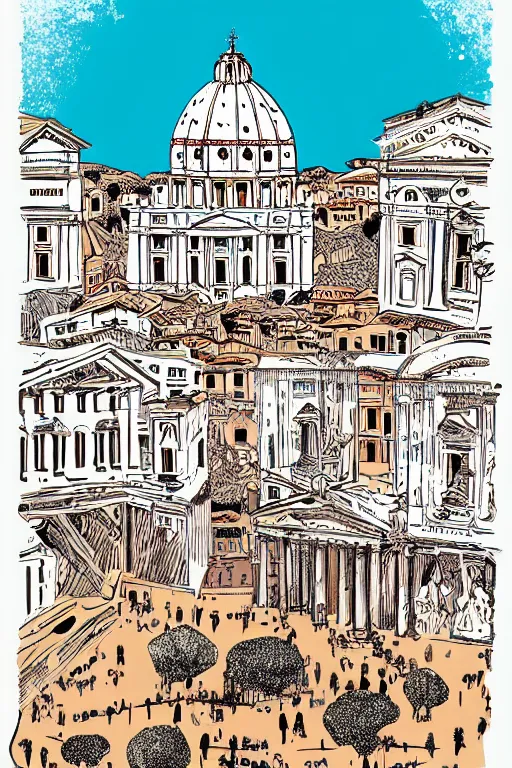 Prompt: rome, illustration, in the style of katinka reinke