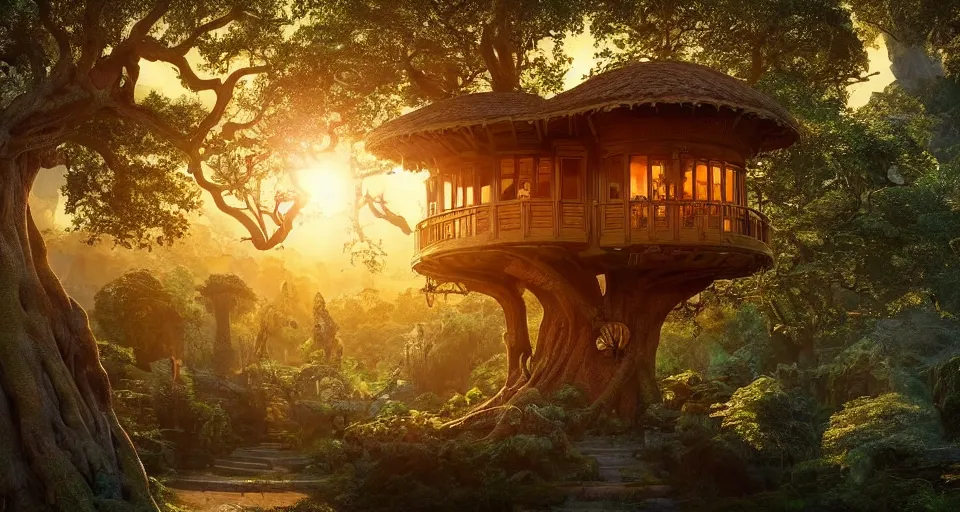 Prompt: An incredibly beautiful scene from a 2022 Marvel film featuring a cozy art nouveau reading nook in a fantasy treehouse interior. Ancient books. A tree trunk. Suspended walkways. Golden Hour. 8K UHD.