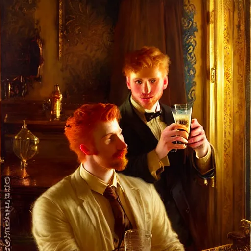 Image similar to attractive male mike with ginger hair and attractive male tyler with brunet hair, drinking their hearts out, in their noble mansion, at night. highly detailed painting by gaston bussiere, craig mullins, donato giancola, j. c. leyendecker 8 k