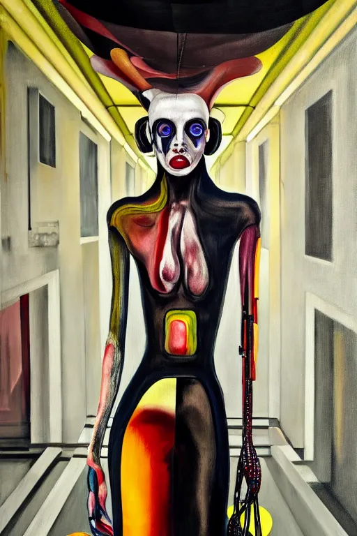 Image similar to crazy fashion catwalk, latex, constructivism, freak show, one model, crazy clothes, biopunk style, horror, hauntingly surreal, highly detailed painting by francis bacon, edward hopper, adrian ghenie, gerhard richter, and james jean 4 k