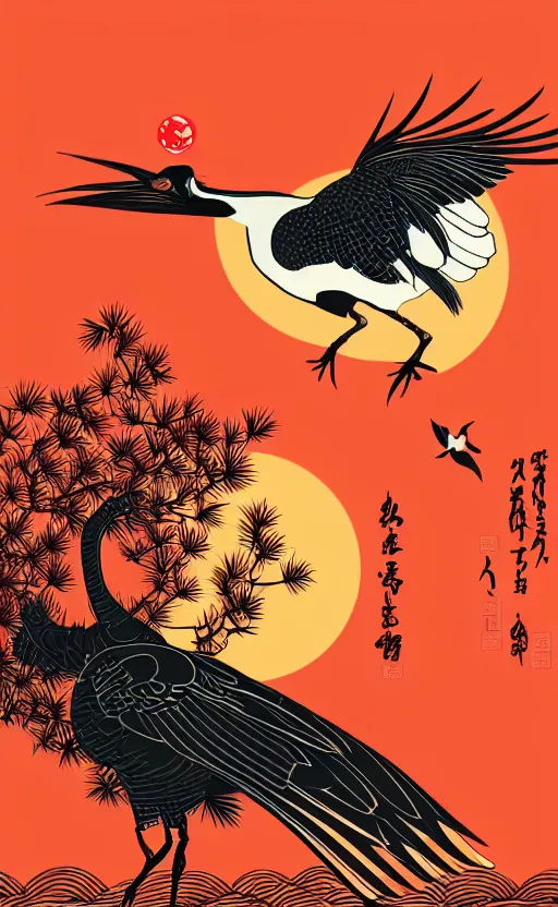 Prompt: hanafuda, portrait of huge japanese crane bird walking on a lake in the middle of japanese pines, a big red sun in the background, front game card, vector line art, trending on behance, concept art, stunning, matte